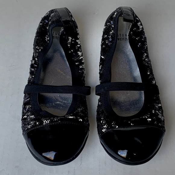 Stuart Weitzman Black Claire Sequin Patent Ballet Flats Mary Jane Elastic Size 4 - Picture 7 of 7